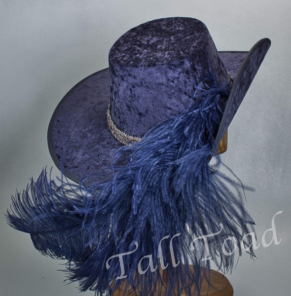 Crushed Velvet Cavalier - Blue / Antique Silver / Blue Feathers - Tall Toad