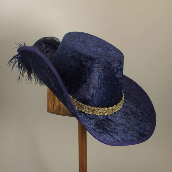 Crushed Velvet Cavalier - Blue / Antique Gold / Blue Feathers - Tall Toad