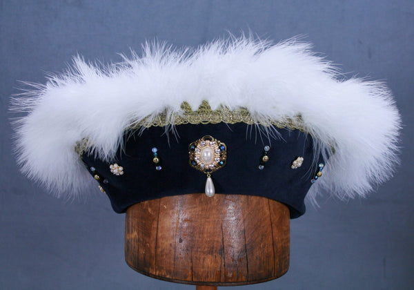 Henry VIII Flat Cap - Blue / White Marabou / Gold Trim / AB Jewels - Tall Toad