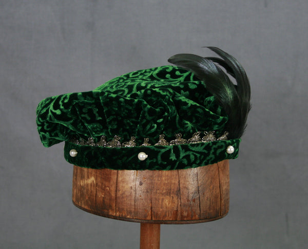 Pearled Willoughby Beret - Green / Gold - Tall Toad
