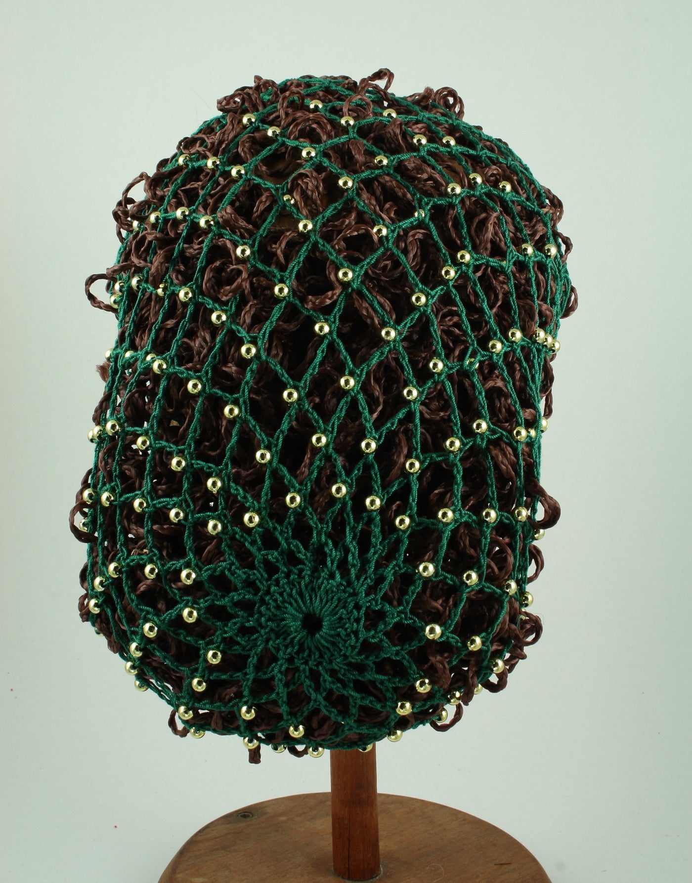 Hand Crocheted Snood - Green / Gold Beads - Tall Toad
