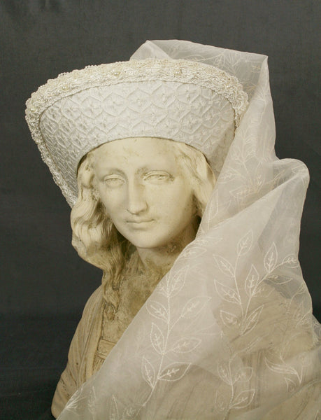 Large French Hood - Ivory Silk / Embroidered Silk Veil / Pearl Trim - Tall Toad