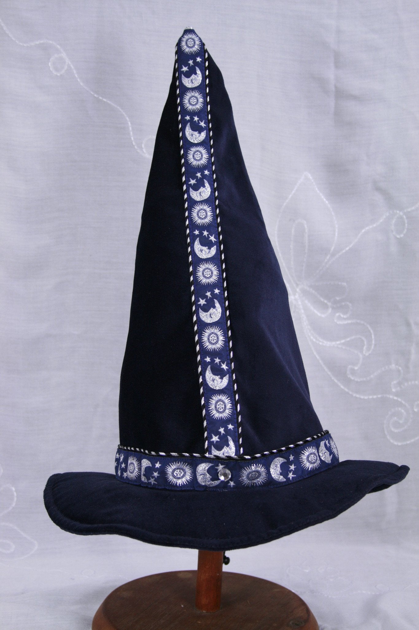 Cotton Velveteen Wizard Hat - Blue / Silver Moon and Stars - Tall Toad