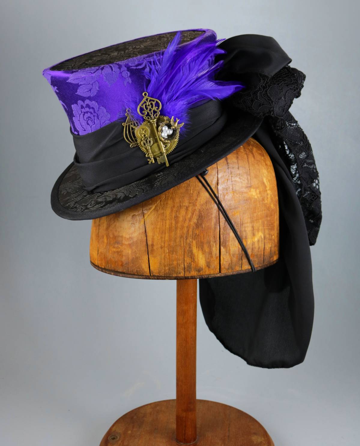 Mini Top Hat - Purple Black Brocade / Black Band / Bird's Nest Decoration