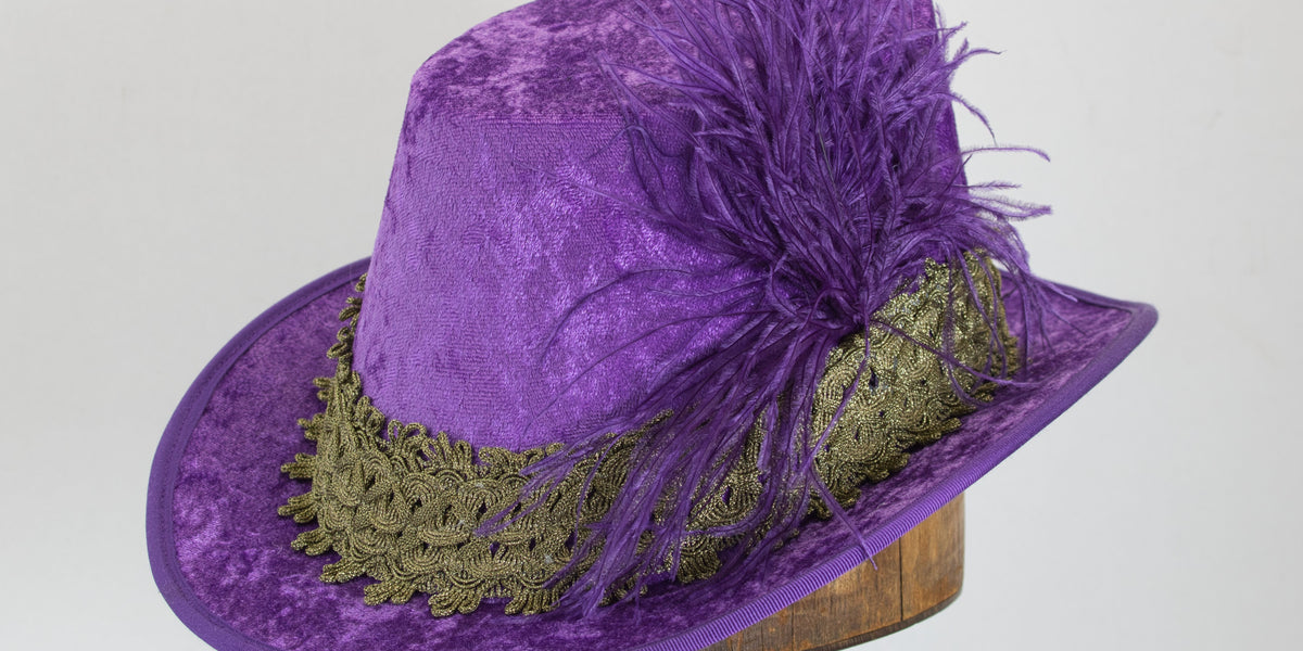 Violet kakyco velvet felted hat with feathering and spiral self material trim A little  main image 3