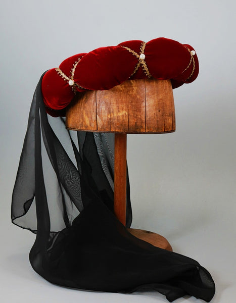 Veiled Roundlet - Red / Gold Trim / Black Veil / Pearls - Tall Toad