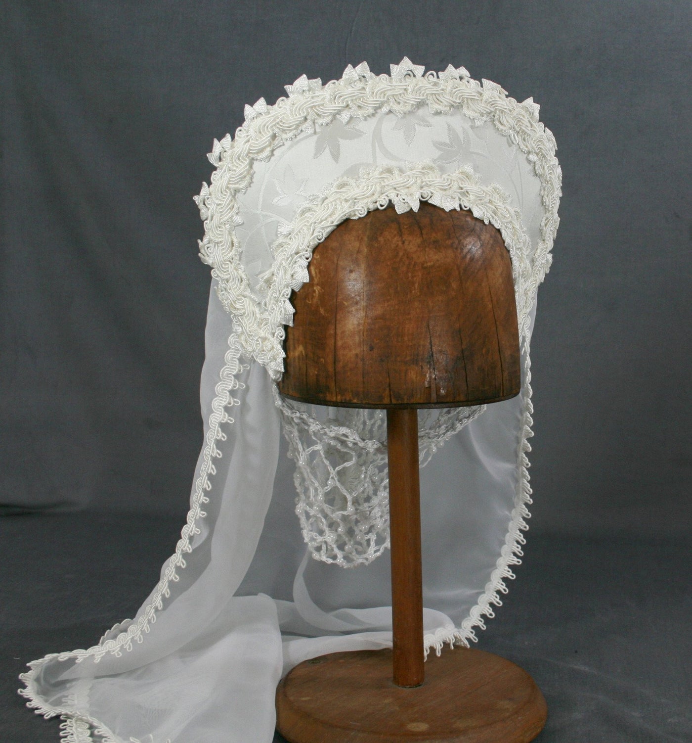 Large French Hood - White Brocade / White Trim / White Veil - Tall Toad
