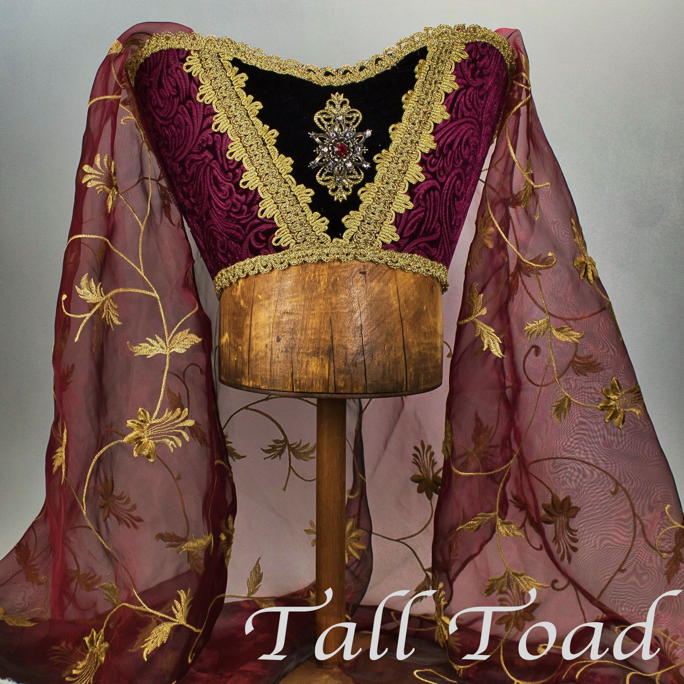 Fancy Horned Headdress - Wine / Wine Embroidered Veil / Ruby Jewel - Tall Toad